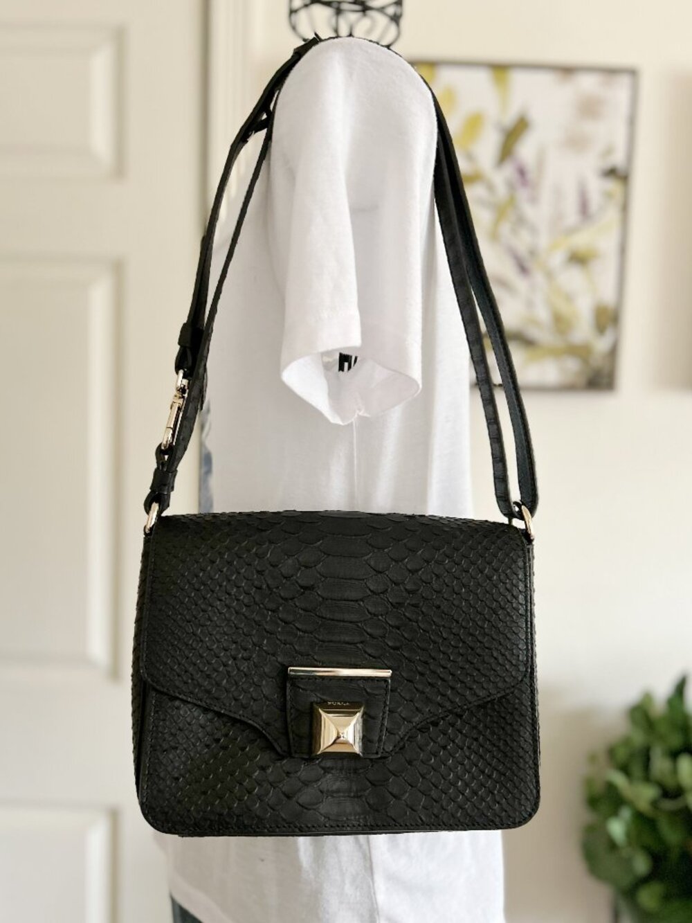 Furla Black Textured Croco Embroidered Shoulder Bag with Gold Hardware